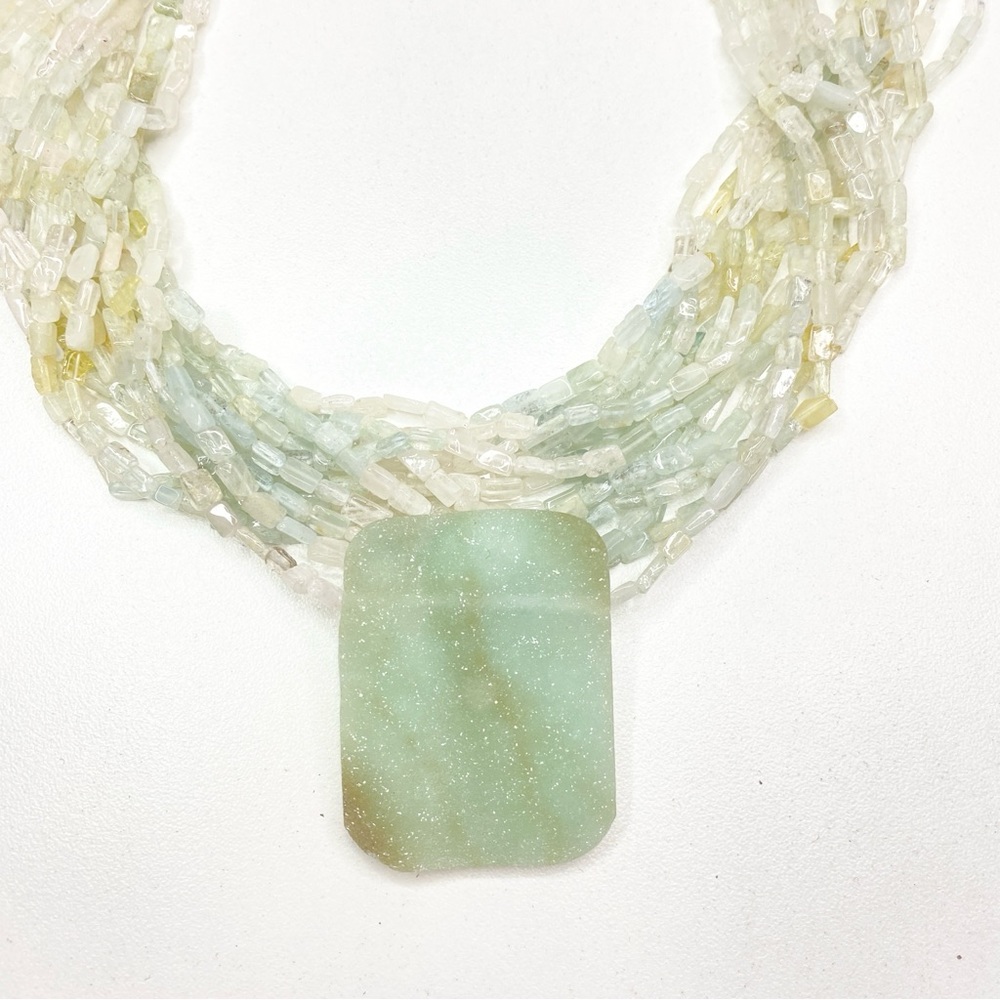 Vintage Pale Green Multi-Strand Beaded Necklace with Rectangular Pendant - Picture 3 of 15
